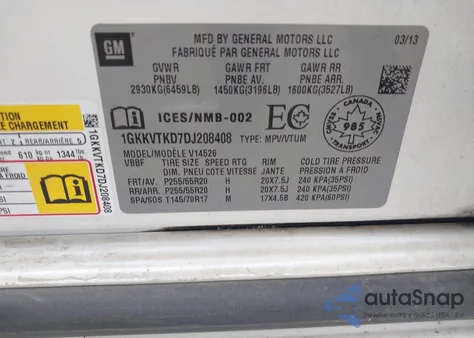 2013 GMC Acadia Denali from USA, damaged, VIN 1GKKVTKD7DJ208408